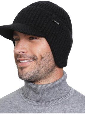 Unisex Black Lined Knit Beanie With Brim Ear Flaps Winter Classic Stocking Cap